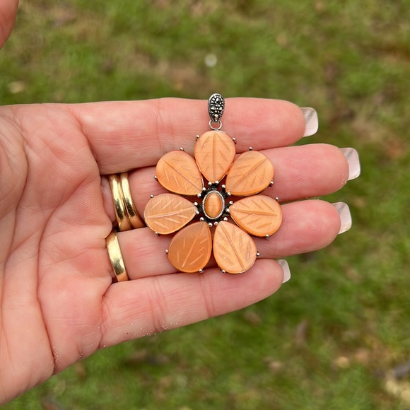 None Jewelry - Vintage Sterling Silver Large Carved Orange Flower Pendant